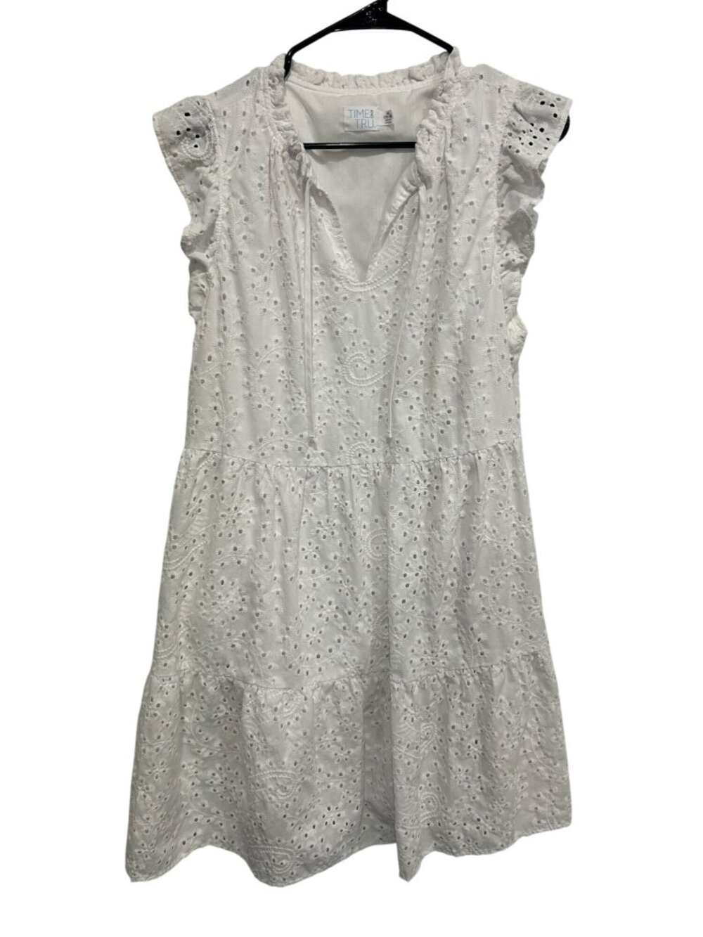Time And Tru XL White Eyelet Sleeveless Tiered Mini Dress Cottagecore Ethereal